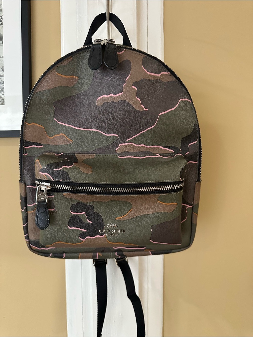 Coach Camo Leather Backpack in Olive and Pink